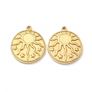 304 Stainless Steel Pendants, Flat Round with Sun & Star Charm, Real 14K Gold Plated, 17x15x2mm, Hole: 1mm