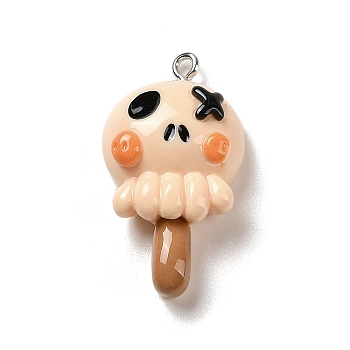 Opaque Resin Pendants, Halloween Charms with Platinum Tone Alloy Loops, Beige, Skull Lollipop, 33.5x18.5x9mm, Hole: 1.5mm