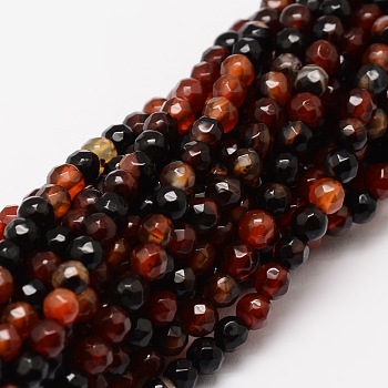 Faceted Natural Agate Round Beads Strands, Dyed, Chocolate, 4mm, Hole: 1mm, about 92pcs/strand, 15.3 inch