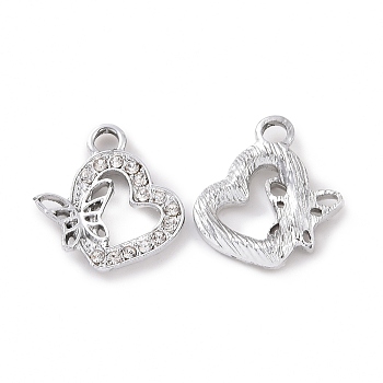 Alloy Crystal Rhinestone Pendants, Heart with Butterfly Charms, Platinum, 19x17.5x3mm, Hole: 2.6mm