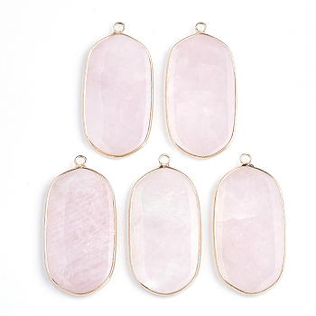 Natural Rose Quartz Pendants, with Brass Findings, Oval, Golden, 47x23x4mm, Hole: 2mm