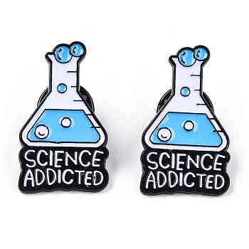 Chemical Theme Enamel Pin, Electrophoresis Black Zinc Alloy Brooch for Backpack Clothes, Flask & Word Science Addicted, Deep Sky Blue, 30x17.5x1.5mm