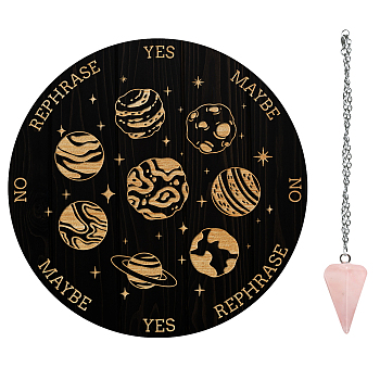 AHADEMAKER 1Pc Wood Pendulum Board, 1Pc 304 Stainless Steel Cable Chain Necklaces, 1Pc Natural Rose Quartz Stone Pendants, for Witchcraft Wiccan Altar Supplies, Planet Pattern, Board: 200x4mm