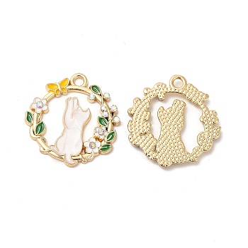 Alloy Enamel Pendants, with Rhinestone, Cadmium Free & Nickel Free & Lead Free, Golden, Flat Round with Cat & Flower Pattern, Gold, 23x22x2mm, Hole: 2mm
