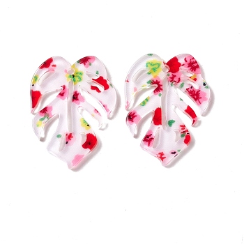 Transparent Acrylic Pendants, Monstera Leaf with Flower Pattern, Red, 31x23.5x2mm, Hole: 1.8mm