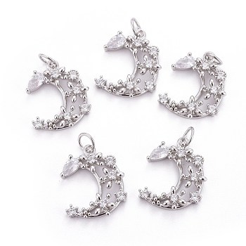 Brass Micro Pave Cubic Zirconia Pendants, with Jump Rings, Moon, Clear, Platinum, 18.5x15x3.5mm, Hole: 3mm