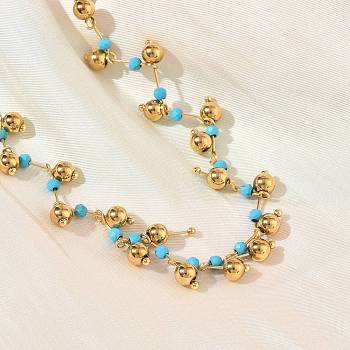 304 Stainless Steel & Faceted Round Synthetic Turquoise Beaded Necklaces for Women, Golden, 16.14 inch(41cm)