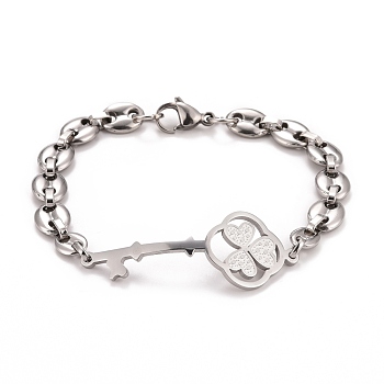 304 Stainless Steel Clover Skeleton Key Link Bracelet with Coffee Bean chains for Men Women, Stainless Steel Color, 8-1/2 inch(21.5cm)