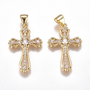 Brass Micro Pave Cubic Zirconia Pendants, Cadmium Free & Lead Free, Long-Lasting Plated, Cross, Clear, Golden, 25.5x16.5x3mm, Hole: 4x5mm