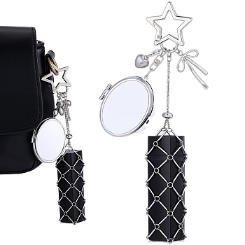 1Pc Oval Alloy & 667 Stainless Steel Macrame Pouch Pendant Decorations, with Iron Clasp, Platinum & Stainless Steel Color, 200mm