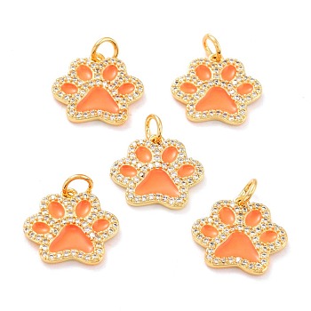 Real 18K Gold Plated Brass Micro Pave Cubic Zirconia Charms, with Jump Ring and Enamel, Long-Lasting Plated, Dog Paw Prints, Orange, 13.5x15x2mm, Jump Ring: 5x1mm, 3mm Inner Diameter