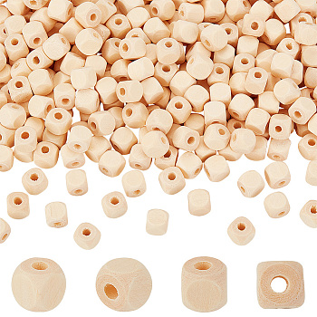 500Pcs Natural Wood Beads, Horizontal Hole, Cube, Floral White, 10x10x10mm, Hole: 3.5mm