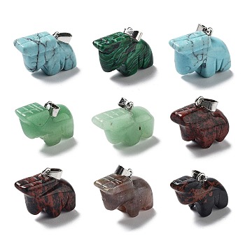 Natural & Synthetic Mixed Gemstone Pendants, Moose Charms with Platinum Plated Metal Snap on Bails, Mixed Dyed and Undyed, 15.5~18x21~22x10~11mm, Hole: 3x5.5mm