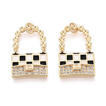 Brass Micro Pave Clear Cubic Zirconia Pendants, with Black & White Enamel, Nickel Free, Bag, Real 18K Gold Plated, 25x16x2.5mm, Jump Ring: 5x1mm, 3mm inner diameter