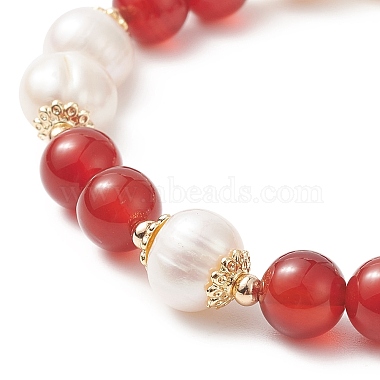 Natural Carnelian(Dyed & Heated) & Pearl Round Beaded Stretch Bracelet for Women(BJEW-JB09246-02)-2