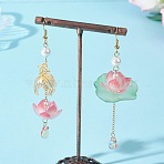 Fish with Lotus Glass & Acrylic Beads Dangle Earrings, with 201 Stainless Steel Filigree Pendants, Left and Right, Golden, 87.5~88.5x20.5~29.5mm(EJEW-TA00786)