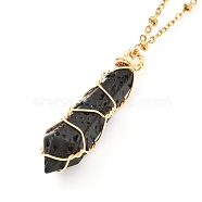 Double Pointed Natural Lava Rock Pendant Necklace, Copper Wire Wrap Pendant and 304 Stainless Steel Findings Necklace, Golden, Bullet, 15.94 inch(40.5cm)(NJEW-JN03720-04)
