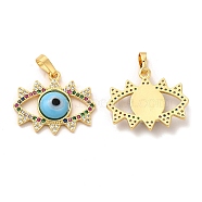 Rack Plating Brass Micro Pave Colorful Cubic Zirconia Pendants, with Handmade Evil Eye Lampwork, Cadmium Free & Lead Free, Long-Lasting Real 18K Gold Plated, Eye Charm, Light Sky Blue, 19x22.5x4mm, Hole: 6x3mm(LAMP-A153-03G-01)