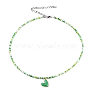 Alloy Enamel Heart Charm Necklace, Glass Seed Beaded Necklace for Women, Green, 17.13 inch(43.5cm)(NJEW-PH01493-02)