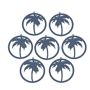 430 Stainless Steel Filigree Pendants, Spray Painted, Etched Metal Embellishments, Ring with Coconut Tree, Medium Blue, 37x35x0.5mm, Hole: 1.4mm(STAS-S108-13B)
