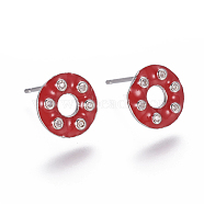 Brass Micro Pave Cubic Zirconia Ear Studs, with Enamel, Donut, Clear, Platinum, Red, 9.5~10mm, Pin: 0.7mm(EJEW-F209-04D-P)