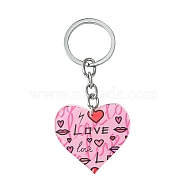 Valentine's Day Acrylic Keychain, with Iron Ring, Heart with Love, Pink, 8.7cm(KEYC-YW00020-06)