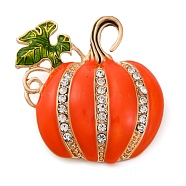 Zinc Alloy Crystal Rhinestone Brooch, Halloween Enamel Pins for Clothes Backpack, Pumpkin, 43.5x43mm(JEWB-I033-02B)