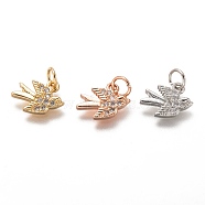 Brass Micro Pave Clear Cubic Zirconia Charms, Long-Lasting Plated, with Jump Ring, Bird, Mixed Color, 9x12x2mm, Hole: 3mm(ZIRC-C020-48)