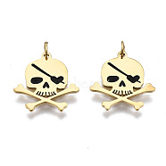 316 Surgical Stainless Steel Enamel Charms, with Jump Rings, Skull, Black, Real 14K Gold Plated, 13.5x13x1mm, Jump Ring: 3.4x0.5mm, 2.4mm inner diameter(STAS-S116-356G)