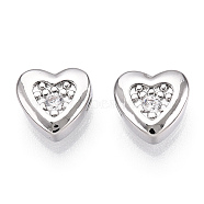 Brass Micro Pave Cubic Zirconia Beads, Heart, Real Platinum Plated, 7x8x3.5mm, Hole: 0.9mm(FIND-Z035-18P)