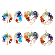 8Pcs 4 Styles 7 Chakra Gemstone Copper Wire Wrapped Chips Pendants, Tree of Life & Oval & Heart Charms, Light Gold, 30.5~53.5x22~46.5x7~10mm, Hole: 1~5.5mm, 2pcs/style(G-HY0001-41)