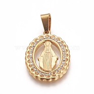 Religion Theme 304 Stainless Steel Pendants, with Crystal Rhinestone, Oval with Virgin Mary, Golden, 25x17x2mm, Hole: 7x4mm(STAS-I131-18B-G)