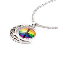 Rainbow Pride Necklace, Flat Round with Pattern & Moon Pendant Necklace for Men Women, Antique Silver & Platinum, Peace Sign Pattern, 18.31 inch(46.5cm)(NJEW-F291-01J)