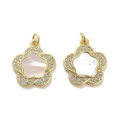 Brass Micro Pave Clear Cubic Zirconia Pendants, with Shell, Jump Rings, Real 18K Gold Plated, Flower, 19x17x3mm, Hole: 3.5mm(KK-K365-05D-G)