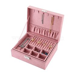 Velvet & Wood Jewelry Boxes, Portable Jewelry Storage Case, with Alloy Lock, for Ring Earrings Necklace, Rectangle, Pink, 23.1x18.7x9.1cm(VBOX-I001-02A)