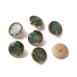 Alloy Enamel Shank Buttons, Flat Round with Tree, Light Gold, Dark Green, 18x7~8mm, Hole: 2mm(BUTT-WH0015-52B)