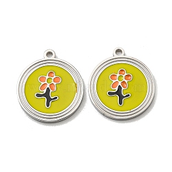 304 Stainless Steel Pendants, with Enamel, Flat Round with Flower Charm, Stainless Steel Color, 16x14x1.5mm, Hole: 1.2mm(STAS-L022-177P)
