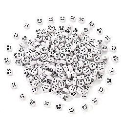 Opaque Acrylic Beads, Flat Round with Black Random Expression, White, 7x4mm, Hole: 1.6mm, 200pcs/set(MACR-YW0001-22A)