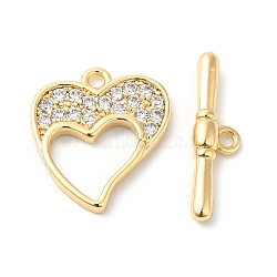 Brass Micro Pave Clear Cubic Zirconia Toggle Clasps, Heart, Real 18K Gold Plated, Heart: 16x14x2mm, Hole: 1.4mm, Bar: 18.5x5x3mm, Hole: 1.4mm(KK-P234-61G)