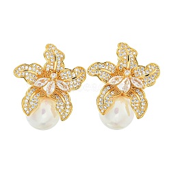 Rack Plating Brass Micro Pave Clear Cubic Zirconia Stud Earrings, with Shell Pearl, Flower, Golden, 33x27mm(EJEW-H014-12G)