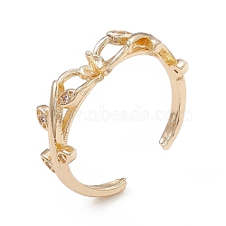 Rack Plating Brass with Clear Cubic Zirconia Open Cuff Ring Settings, for Half-drilled Beads, Long-Lasting Plated, Flower with Leaf, Real 14K Gold Plated, Inner Diameter: 20mm(KK-G455-12G)