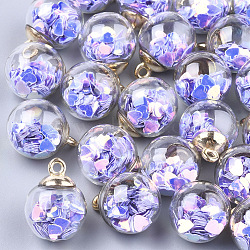 Glass Ball Pendants, with Glitter Sequins and CCB Plastic Findings, Round with Heart, Golden, Mauve, 21x15.5~16mm, Hole: 2mm(GLAA-T003-07B)