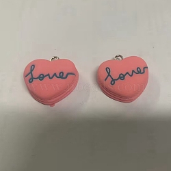 Opaque Resin Pendants, Heart with Word Love Charm, with Platinum Tone Iron Loops, Light Coral, 22x21.5x9mm, Hole: 2x2.5mm(RESI-G043-F04)