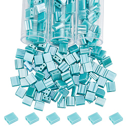 210~240Pcs Glass Seed Beads, 2-Hole, Rectangle, Medium Turquoise, 5x4.5~5.5x2~2.5mm, Hole: 0.5~0.8mm(SEED-NB0002-08E)