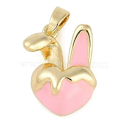 Rack Plating Brass Enamel Pendants, Lead Free & Cadmium Free, Heart Rabbit Charm, Real 18K Gold Plated, Pink, 16x11x6mm, Hole: 4x2.5mm(KK-R165-01G)