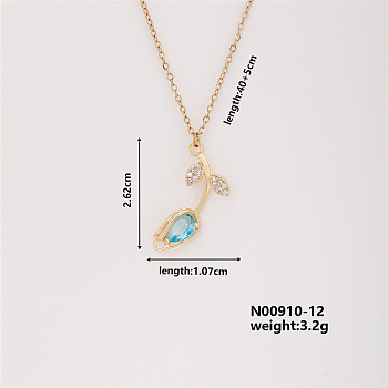 Elegant Vintage Tulip Brass Micro Pave Cubic Zirconia Pendant Necklaces, Cable Chains Necklaces for Women, Cyan, 15.75 inch(400mm)