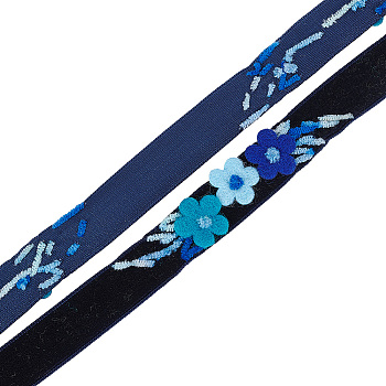 Velvet Handmade Flower Embroidered Lace Ribbons, for DIY Craft, Sewing Decoration, Dark Blue, 5/8 inch(16mm)