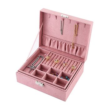 Velvet & Wood Jewelry Boxes, Portable Jewelry Storage Case, with Alloy Lock, for Ring Earrings Necklace, Rectangle, Pink, 23.1x18.7x9.1cm