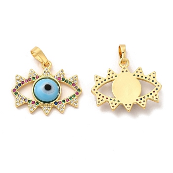 Rack Plating Brass Micro Pave Colorful Cubic Zirconia Pendants, with Handmade Evil Eye Lampwork, Cadmium Free & Lead Free, Long-Lasting Real 18K Gold Plated, Eye Charm, Light Sky Blue, 19x22.5x4mm, Hole: 6x3mm