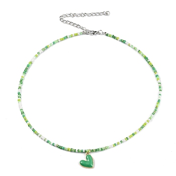 Alloy Enamel Heart Charm Necklace, Glass Seed Beaded Necklace for Women, Green, 17.13 inch(43.5cm)